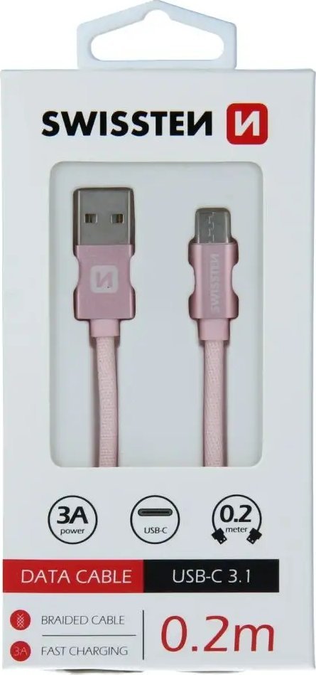 Kabllo USB në USB C Swissten Textile, 0.2m, 3A, e zezë