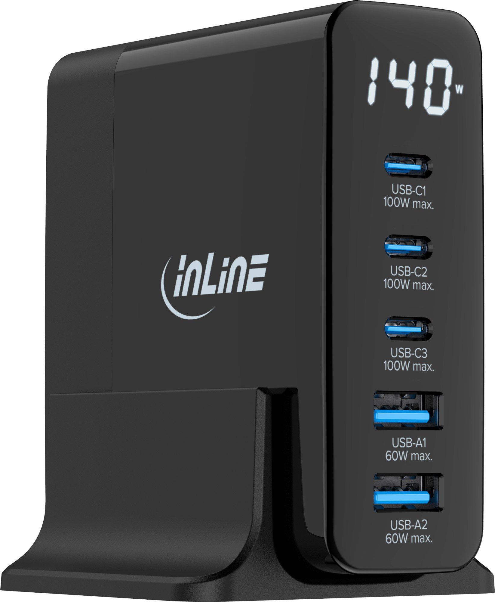 Karikues GaN InLine USB PD, 5 porta, 140W, me ekran