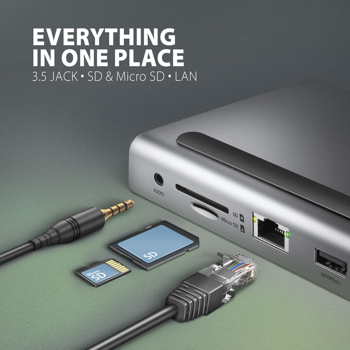 Docking Station AXAGON HMC-4KX3 USB-C 5GBPS TRIPLE 4K DISPLAY 11IN1, 40cm