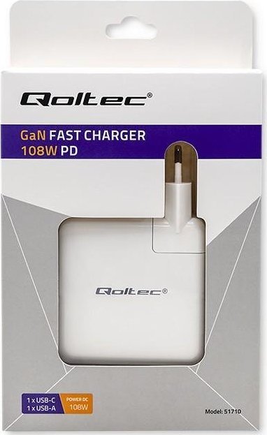 Karikues USB Qoltec GaN FAST 108W, 1x USB C, 1x USB A, i bardhë