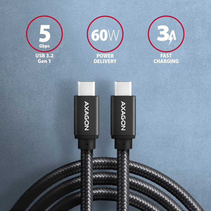 Кабел AXAGON USB-C - USB-C SPEED USB3.2 Gen 1, PD60W 3A, 2m, црн
