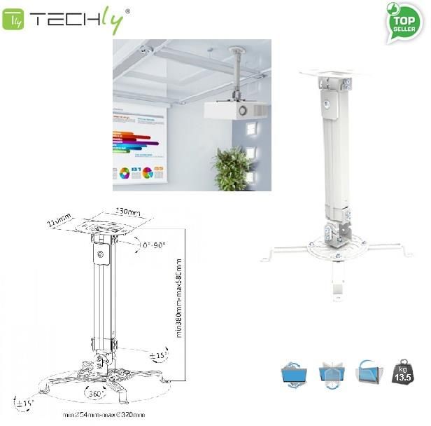 Techly Продолжеток за Потпорен Систем за Проектор на Плафон, 380-580 mm, Сребрен