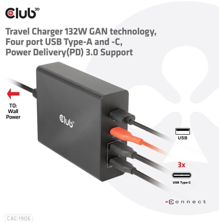 Karikues Club3D, teknologji GAN, 4xUSB-A dhe USB-C, PD 3.0, 132W, i zi