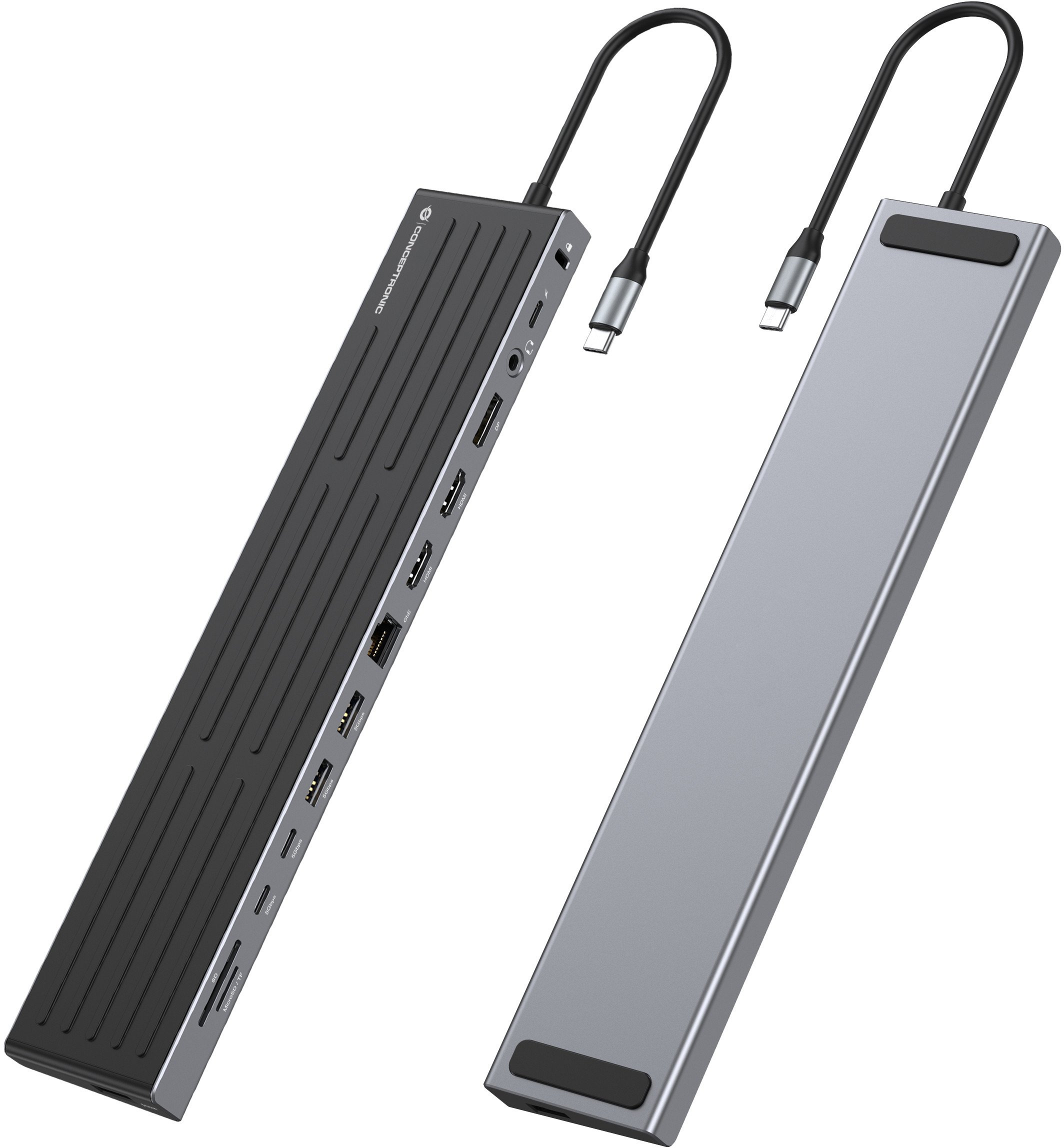 Docking station Conceptronic 14 in 1, USB C, 2x HDMI DP 4K, argjendtë