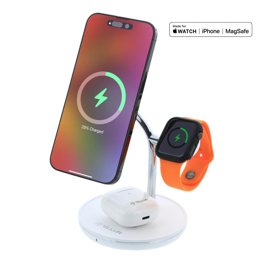 Karikues wireless Tellur 3 in 1, 15W, MagSafe MFI, i bardhë