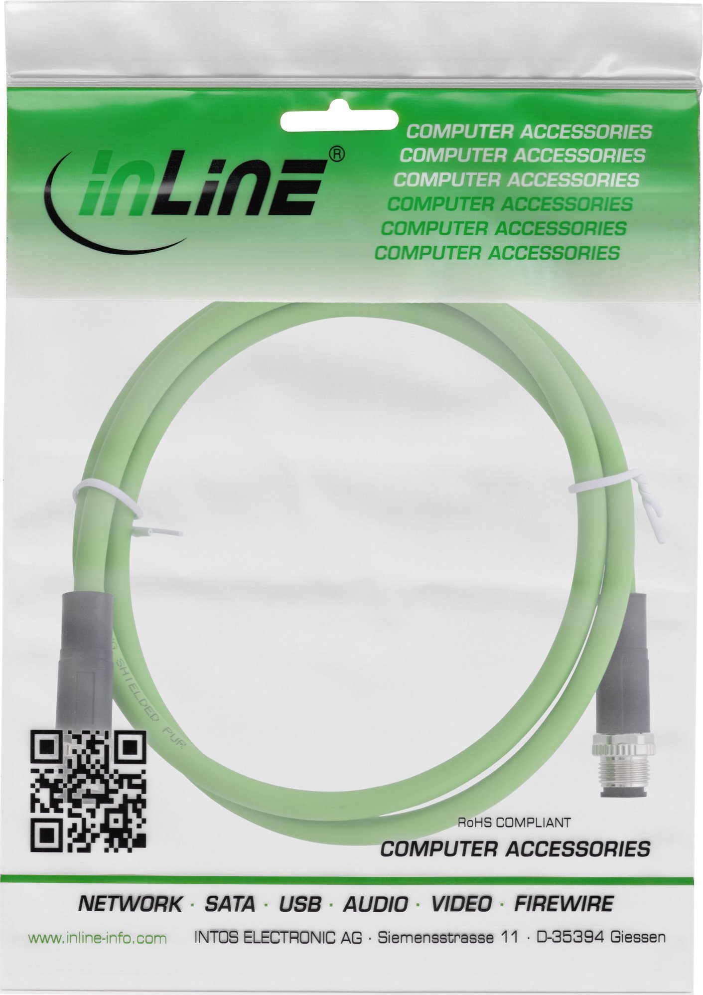 Kabllo rrjeti industriale InLine, M12 4-pin D-coded plug plug, CAT5E, 3m