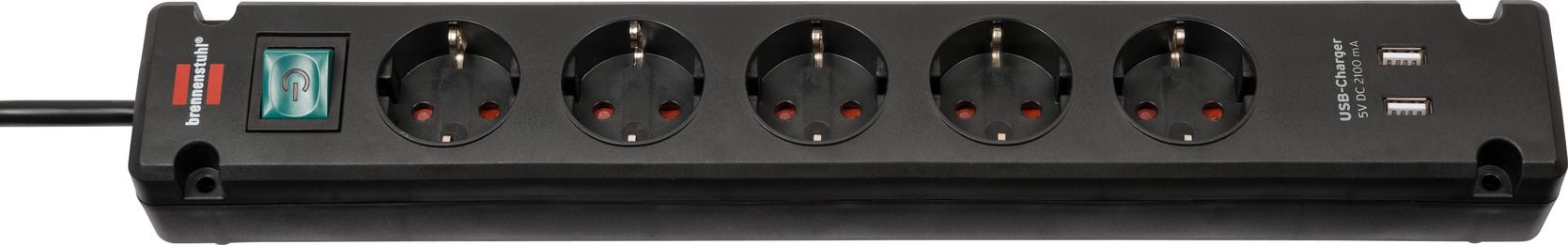 Shtepshtri Brennenstuhl Bremounta, 5 prize, kabllo 3 m, 2x USB, e zezë