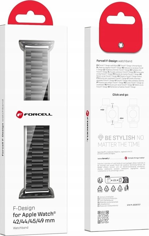 Rrip ore Forcell F Design FA10 për Apple Watch 42 44 45 49mm, çelik inoksi, i zi