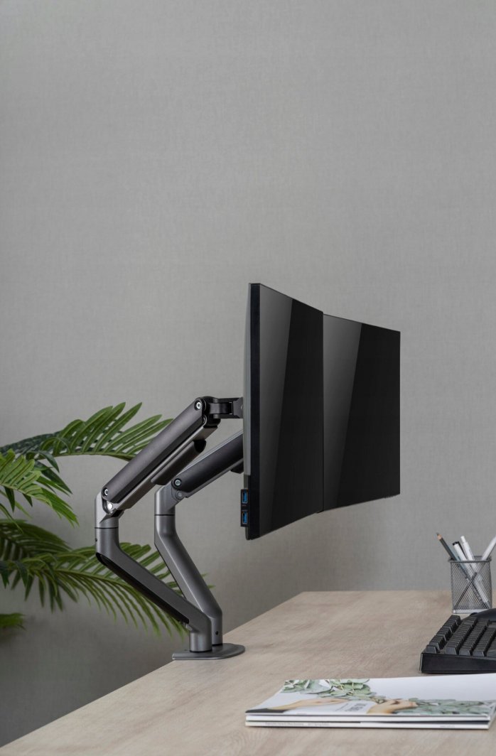 [OUTLET] Mbajtëse tavoline Gembird për 2 monitorë, 17" - 32", e hirtë