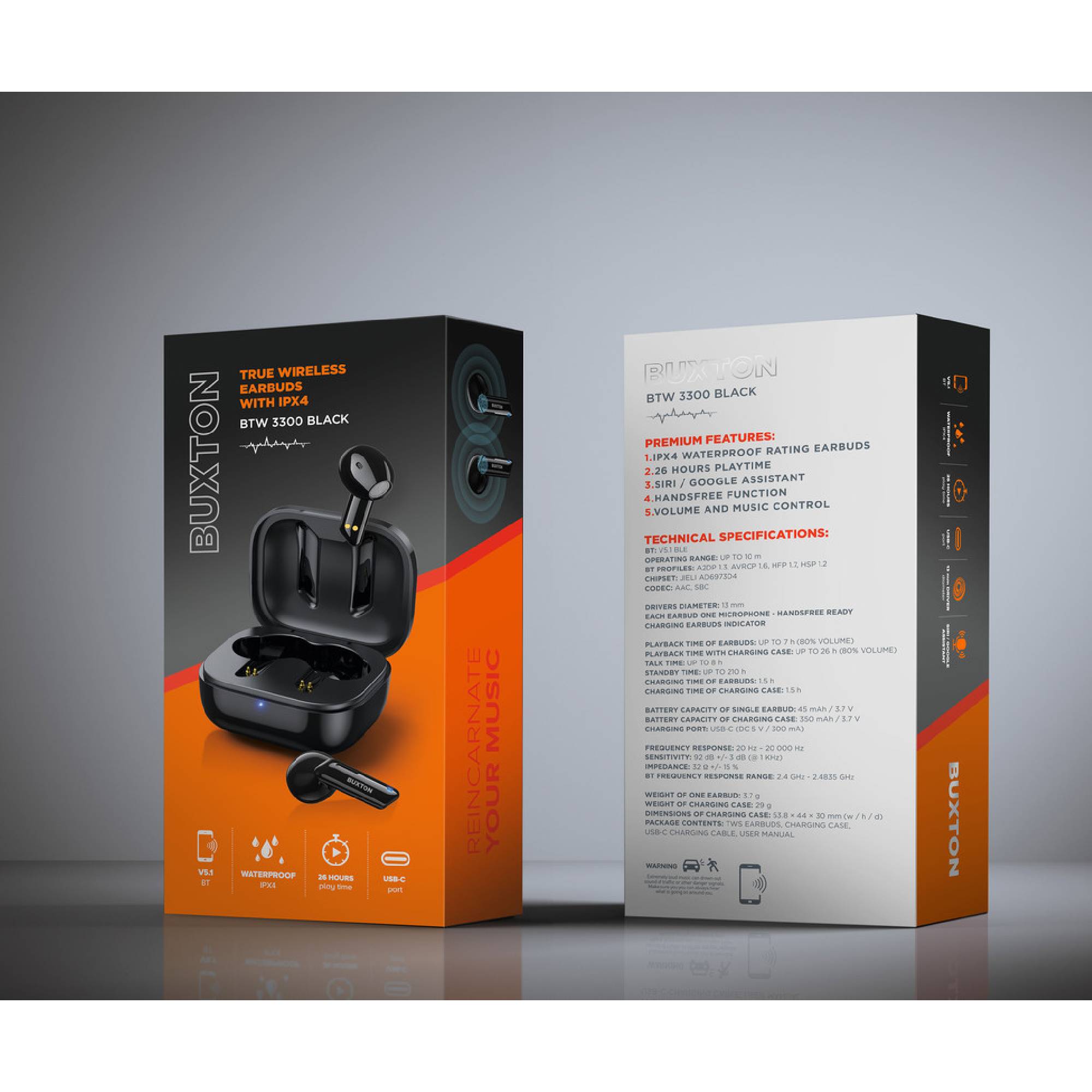 Kufje Wireless Buxton BTW 3300 BLACK TWS – Bluetooth 5.1, Ngjyrë e Zezë