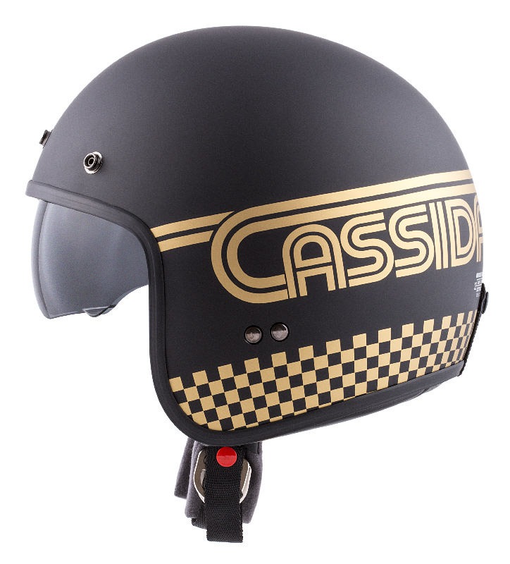 Helmetë moto CASSIDA Oxygen Rondo, polikarbonat, visor dielli, e zezë mat me të artë