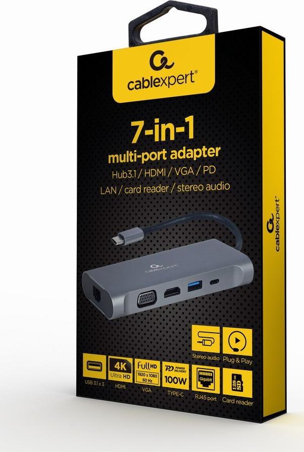 Stacion dokimi Cablexpert A-CM-COMBO7-01, USB-C 7-në-1, HDMI VGA USB 3.0, gri