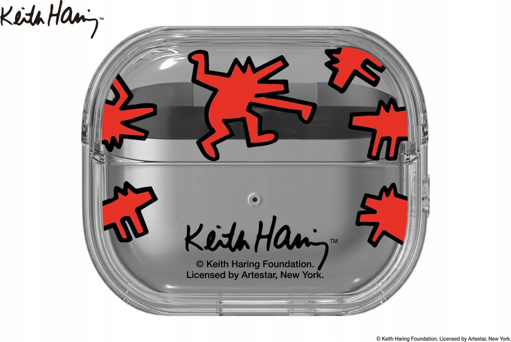 Kuti mbrojtëse Samsung Galaxy Buds3 Keith Haring Slickback, kapak transparent, detaje të kuqe