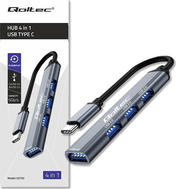 HUB USB Qoltec 4in1, USB C 3.1, 1x USB 3.0 3x USB 2.0, gri grafit