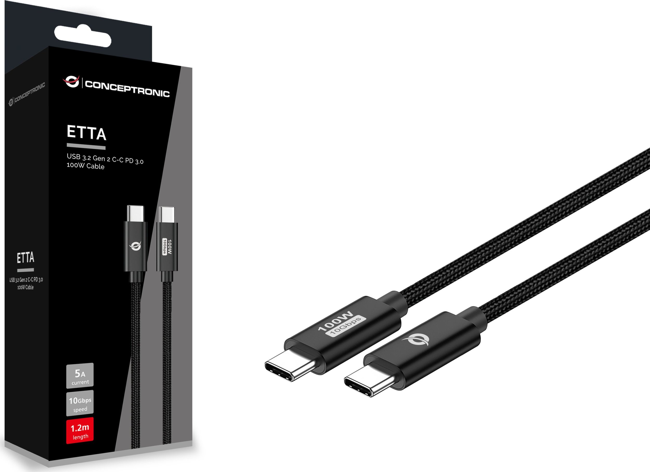 Kabllo USB C Conceptronic, USB-C në USB-C, 1.2m, 10Gbps, 5A, e zezë