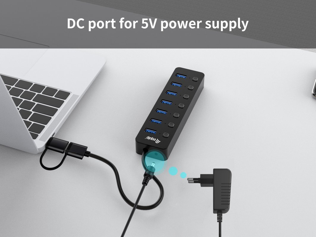Hub USB LevelOne Equip 128965, 7 porta, USB 3.2 Gen 1, me adapter energjie