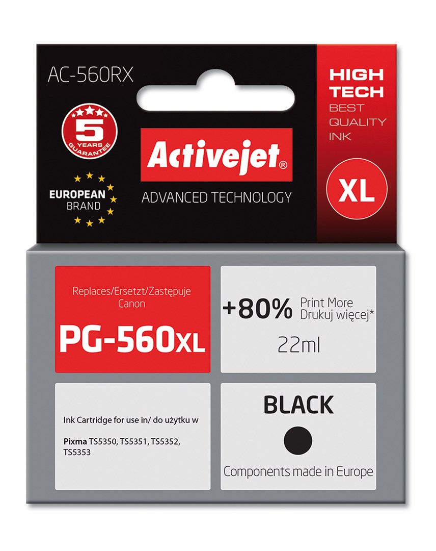 Ngjyrë për printer Activejet AC-560RX (zëvendësim për Canon PG-560XL), 22 ml, e zezë