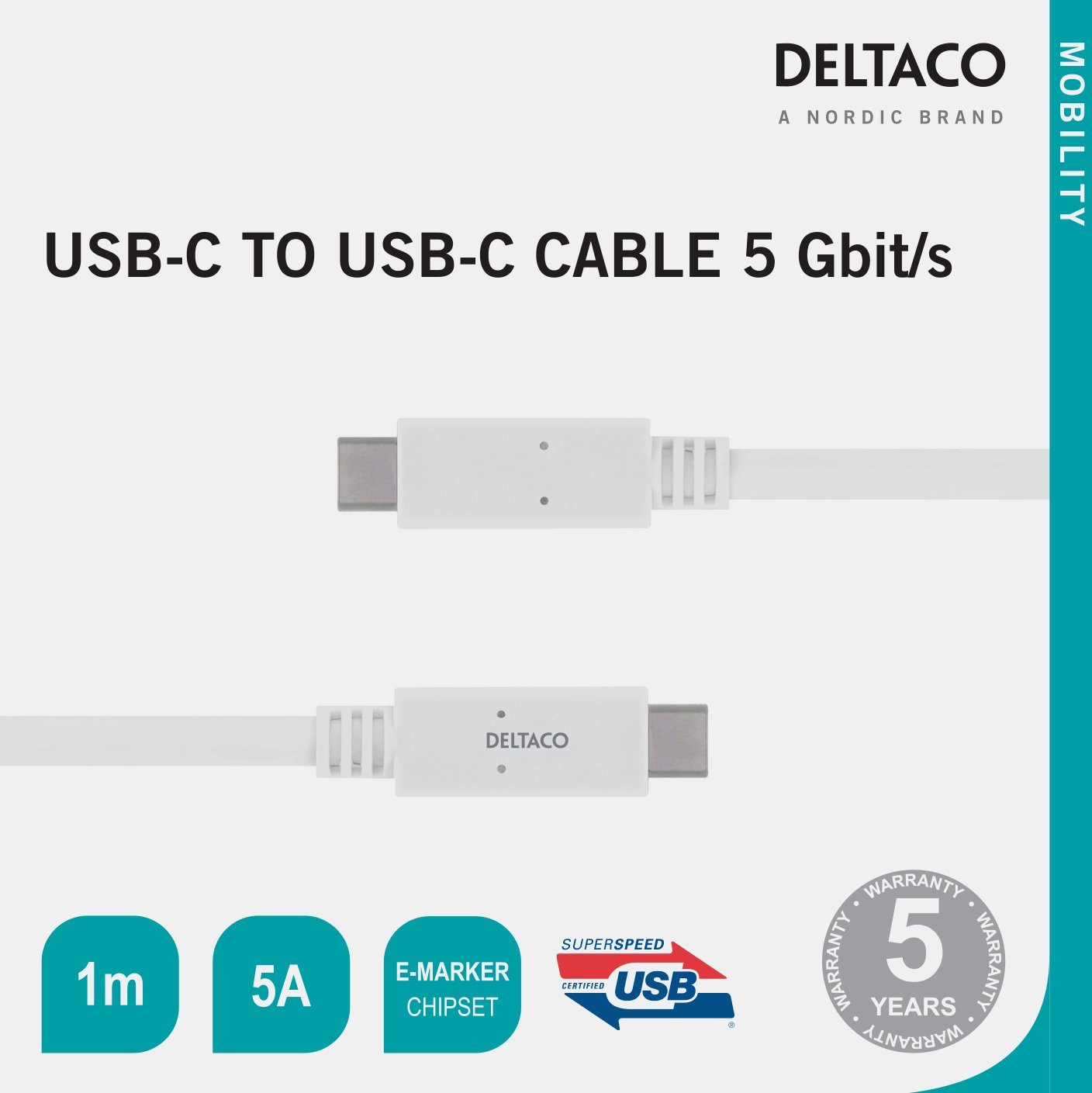 Kabllo USB Deltaco USB-C në USB-C USBC-1502M, 1m, USB 3.2 Gen 1, e bardhë