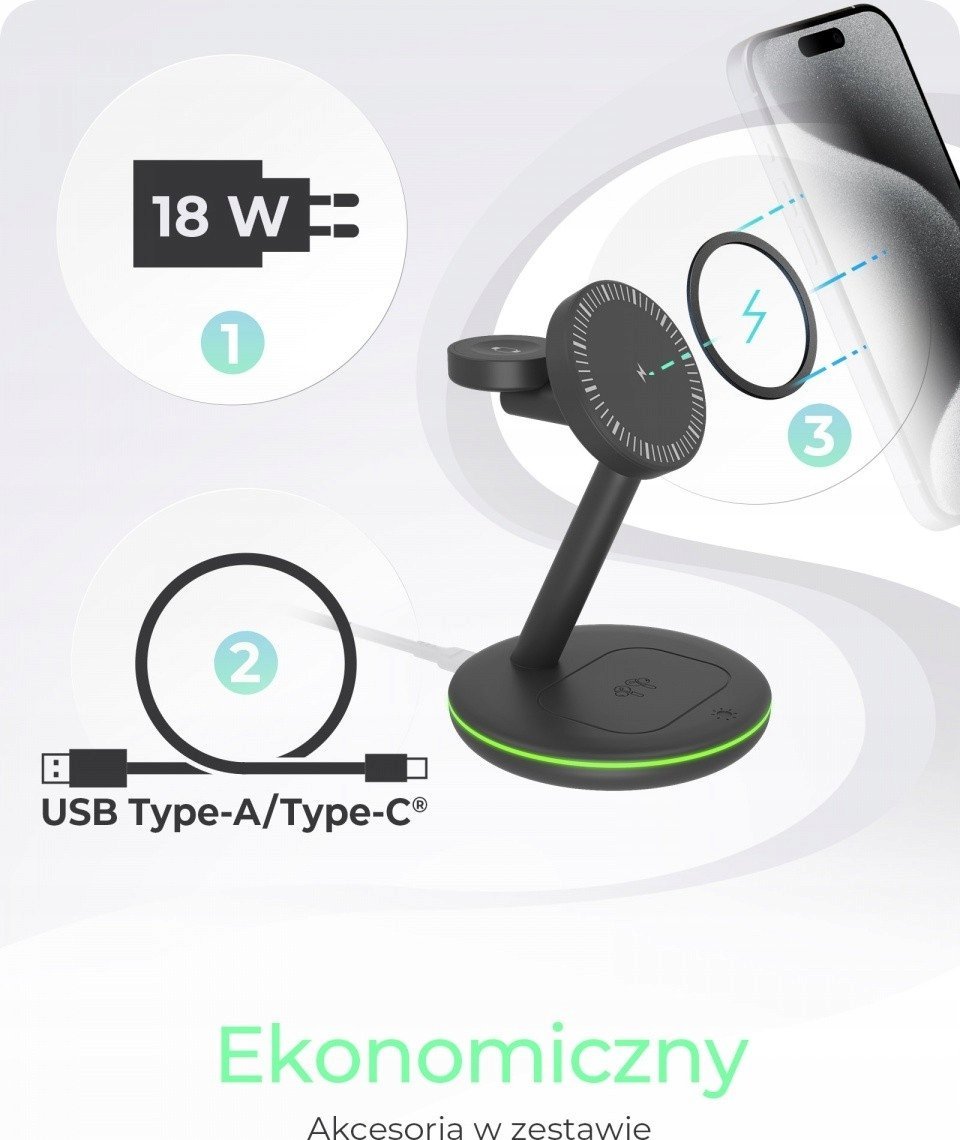 Stacion karikimi ICY BOX 3 in 1, magnetik, për telefon orë dhe kufje, i zi