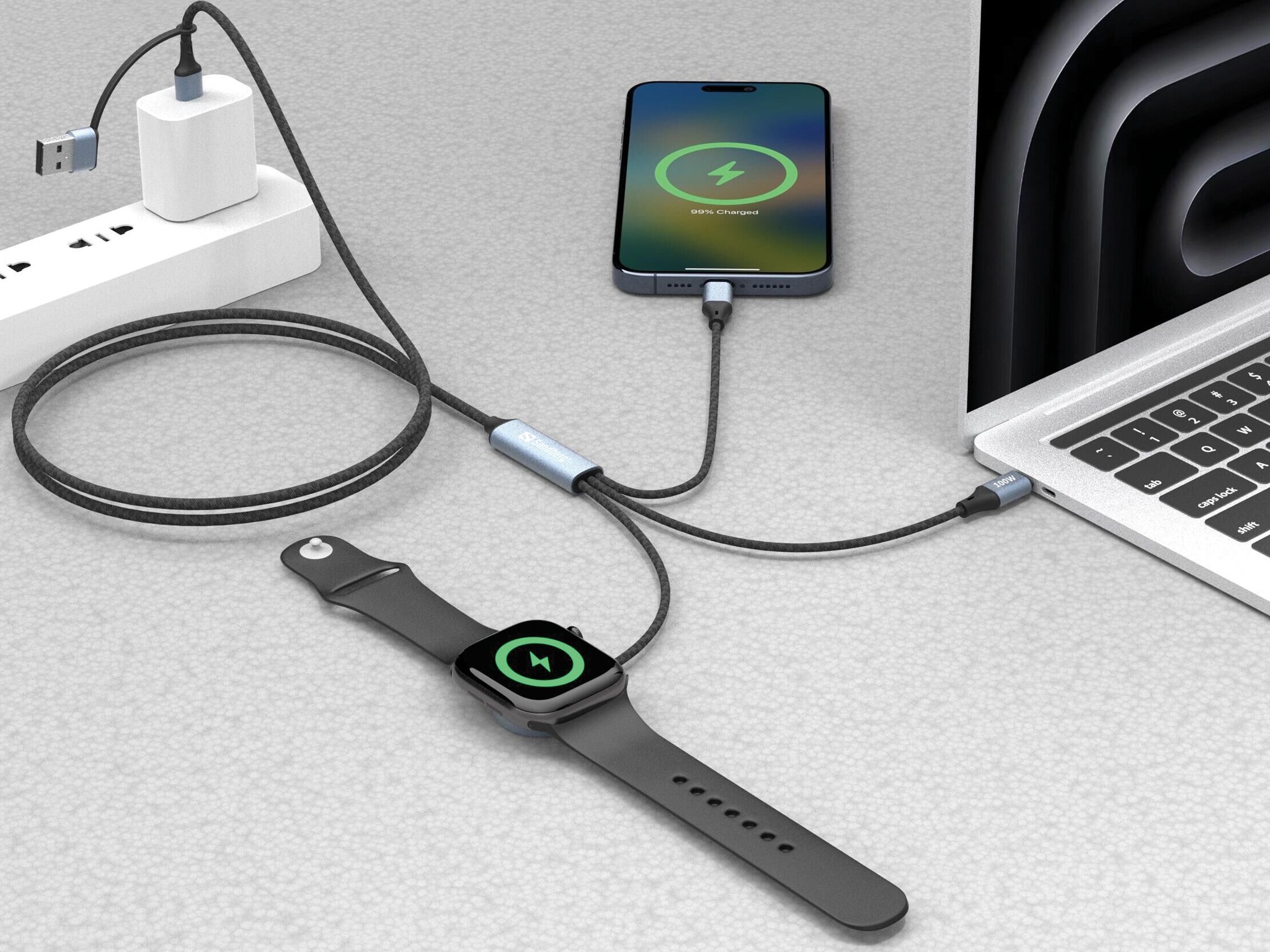 Kabllo karikimi Sandberg 3in1 441-69, USB-C PD 100W, 1.2m, gri