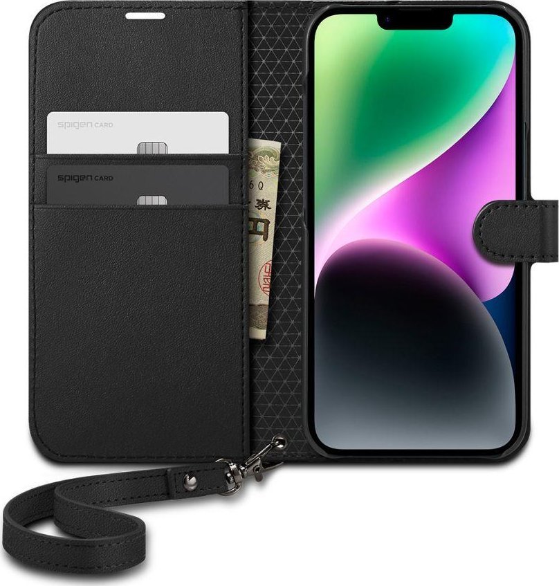Kapak portofol Spigen Wallet Case për iPhone 14, me varëse, lëkurë PU, i zi