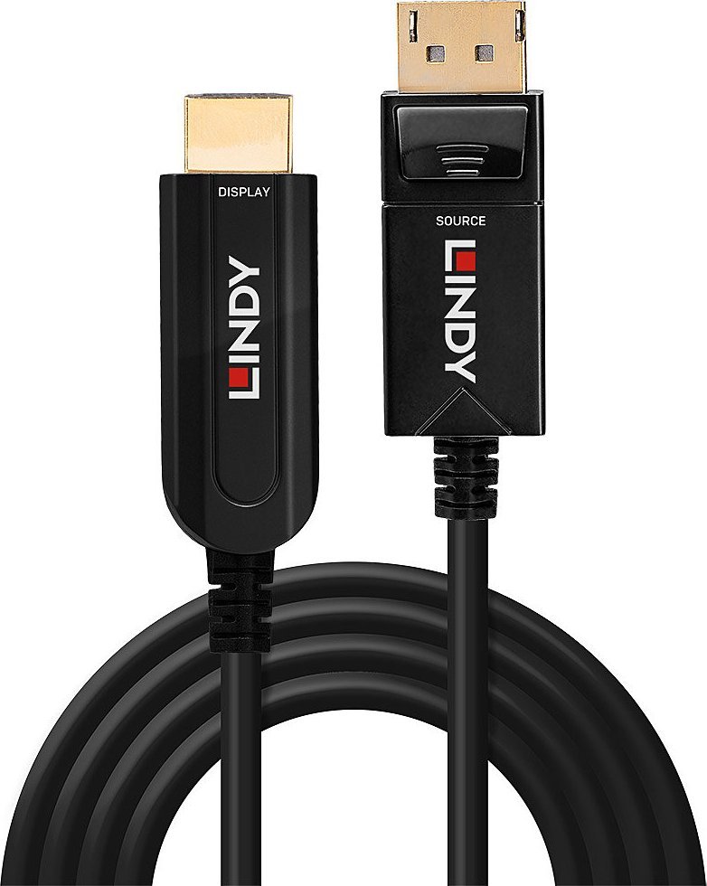 Kabllo Lindy Fibre Optic Hybrid, DisplayPort 1.2 në HDMI 18G, 50m, e zezë