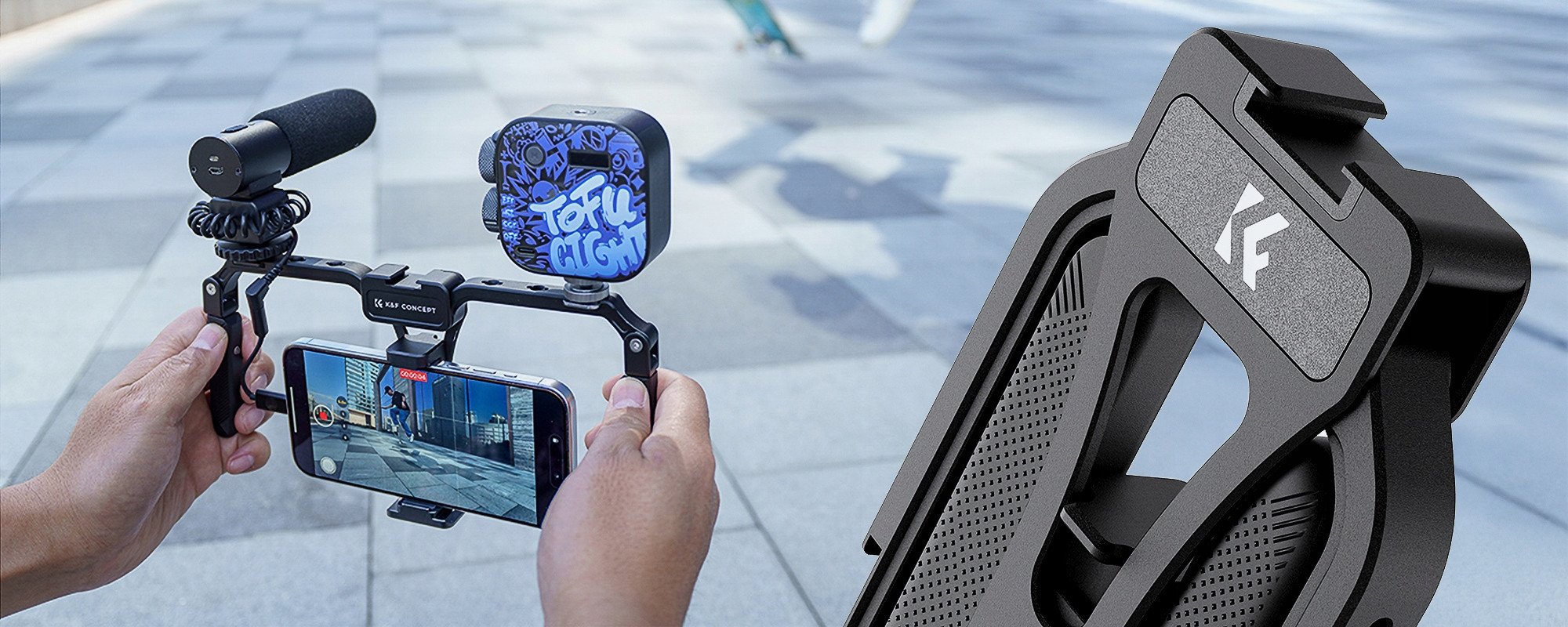 Rig video për smartphone K&amp;F Concept, stabilizues me dy doreza, alumini i palosshëm, i zi