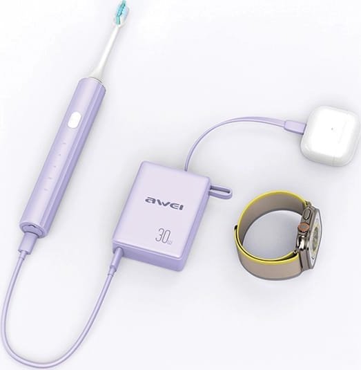 Powerbank Awei P87K, 10000mAh, 30W, me kabllo të integruar, i zi