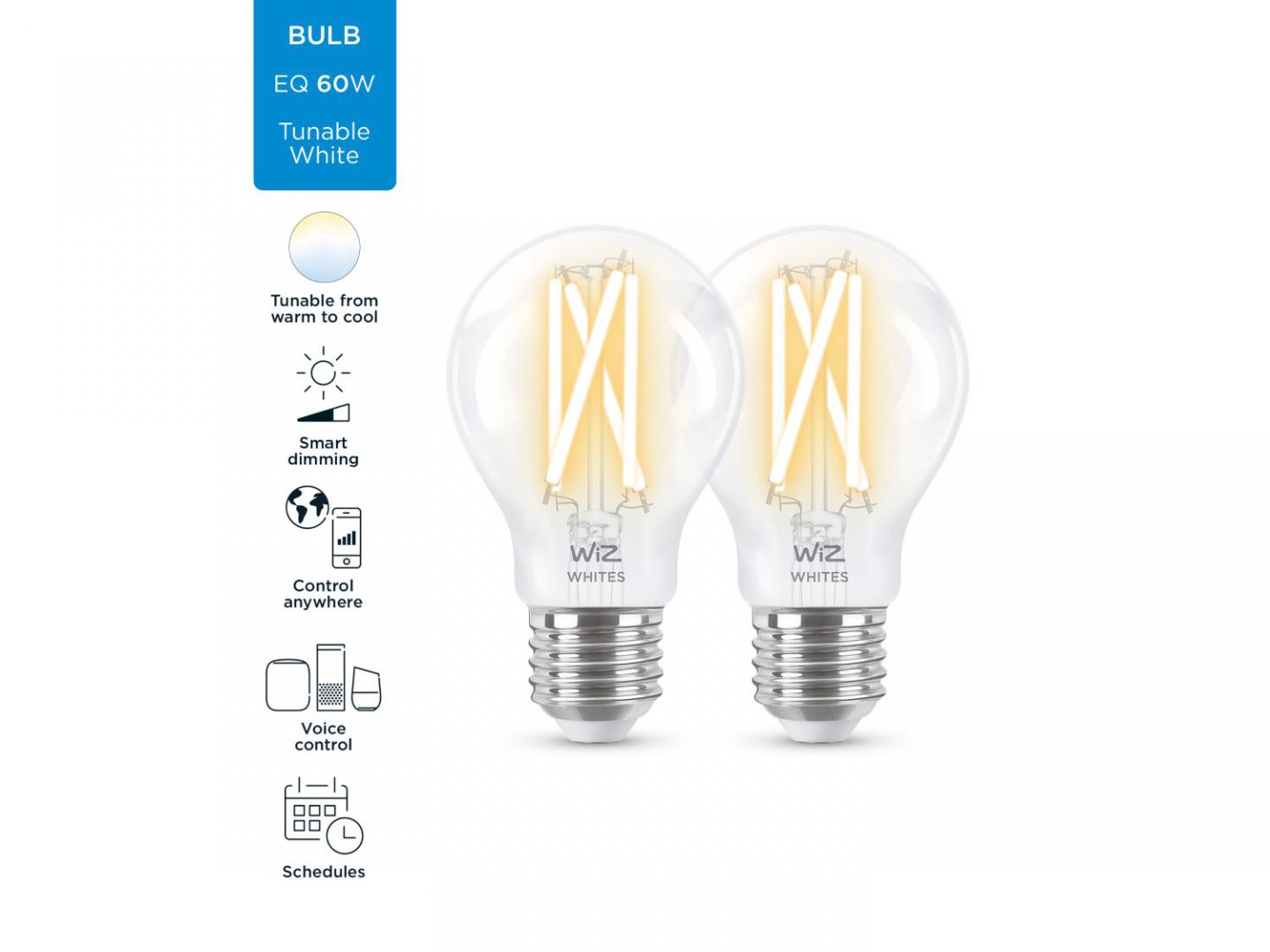 Llambë inteligjente WiZ Filament A60 E27, 60W, set 2 copë, transparente