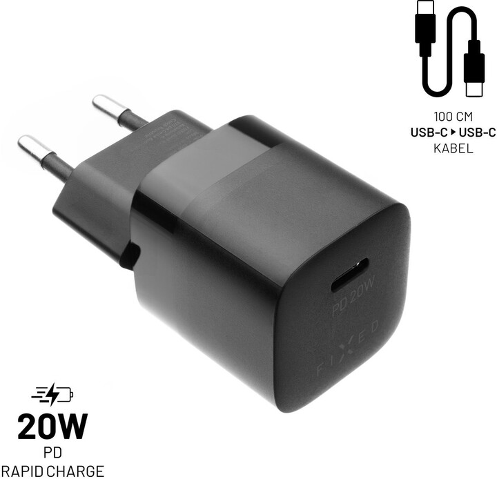 Полнач FIXED Mini со USB-C, PD, 20W, + USB-C - USB-C кабел, 1м, црн