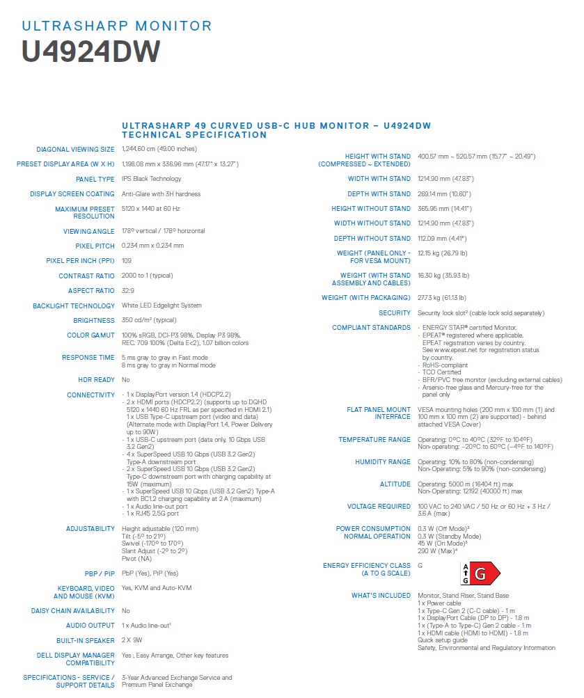 Monitor Dell Ultrasharp, 49", 5K Ultra Hd, i zi / argjend