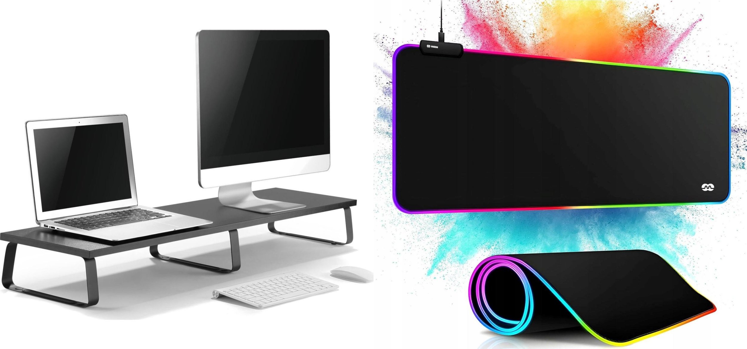 Stendë për monitorë Mozos Dual Riser S, për 2 monitorë deri 32", me mouse pad i ndriçuar 80x30 cm, e zezë