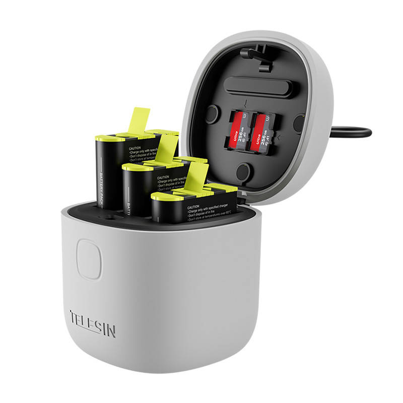 Set karikuesi Telesin Allin Box për GoPro Hero 9 10, 3 bateri 1750mAh, USB C, gri
