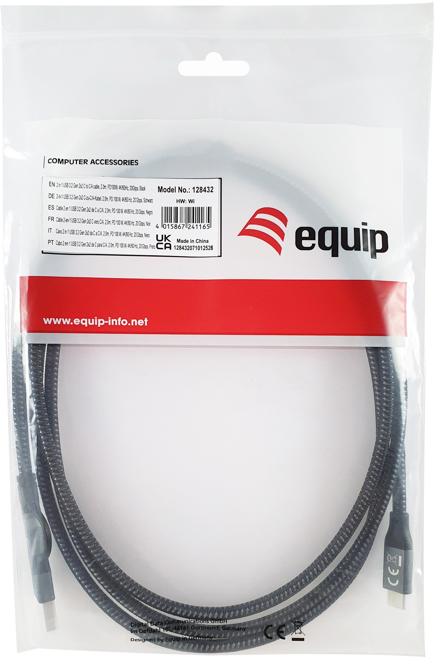 Кабел USB Equip USB C во USB C A, 2m, 20Gbps, 100W, црна
