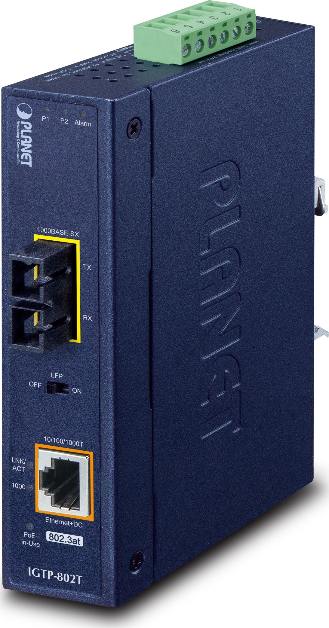 Media konvertues rrjeti PLANET IP30, Gigabit 10/100/1000BASE, PoE+, industrial