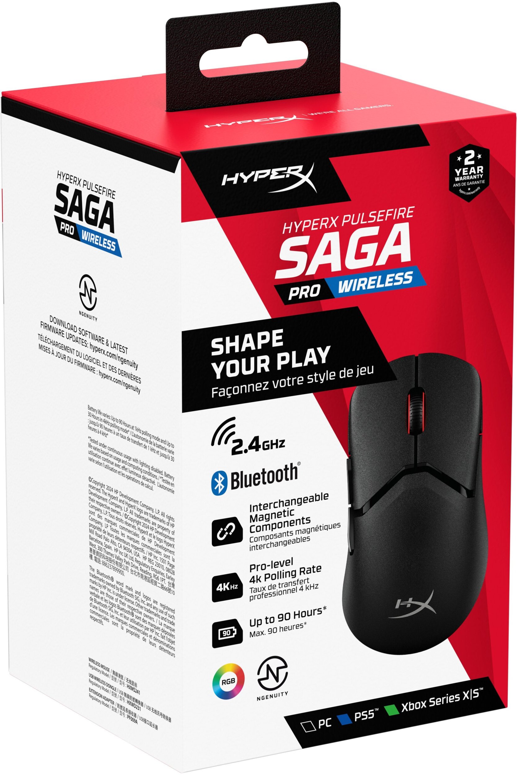 Maus gaming HyperX Pulsefire Saga Pro Wireless, 2.4GHz Bluetooth, RGB, i zi