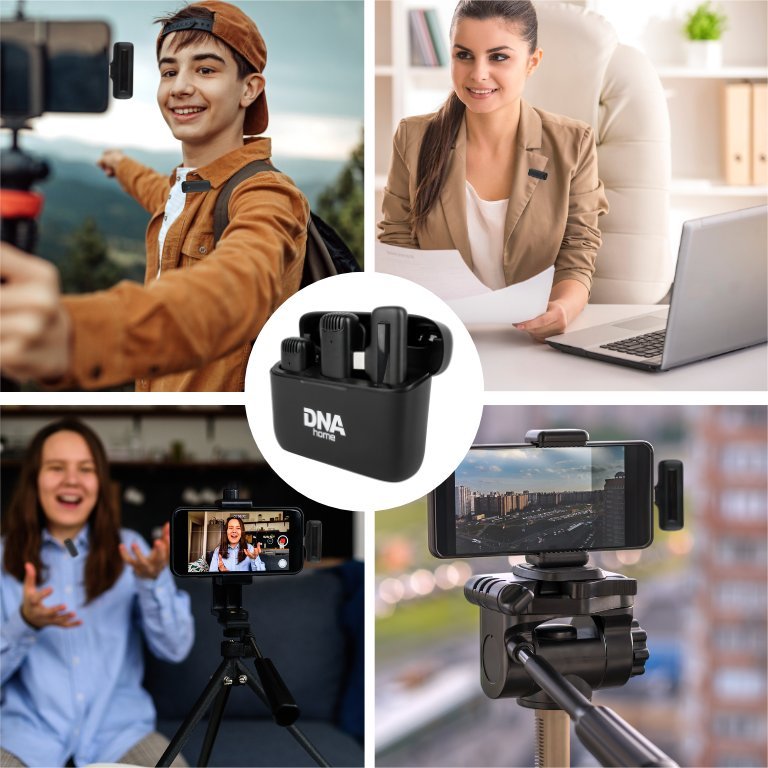 Set mikrofonësh pa tela DNA ICM1, për smartphone, Bluetooth 5.2, me USB C dhe Lightning, i zi