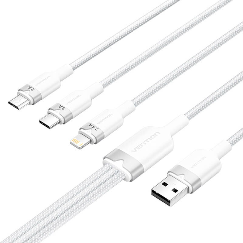 Kabllo karikimi Vention 3 në 1, USB 2.0 në USB C Lightning Micro USB, 1.5m, 3A, e bardhë