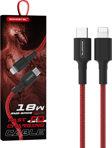 Kabllo karikues Somostel SMS-BW05 Type-C në Lightning, 1m, 18W PD, e kuqe