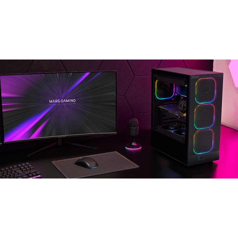 Kuti PC Mars Gaming MC-Nebula, ATX, 4 ftohës ARGB 120mm, panel anësor xham i temperuar, e zezë