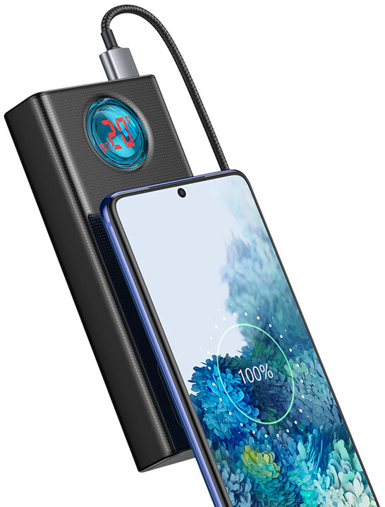 Powerbank me ekran dixhital Baseus Ambilight Overseas Edi QC, 30000mAh, 100W, i zi + kabllo USB-C/USB-C 1m, e zezë