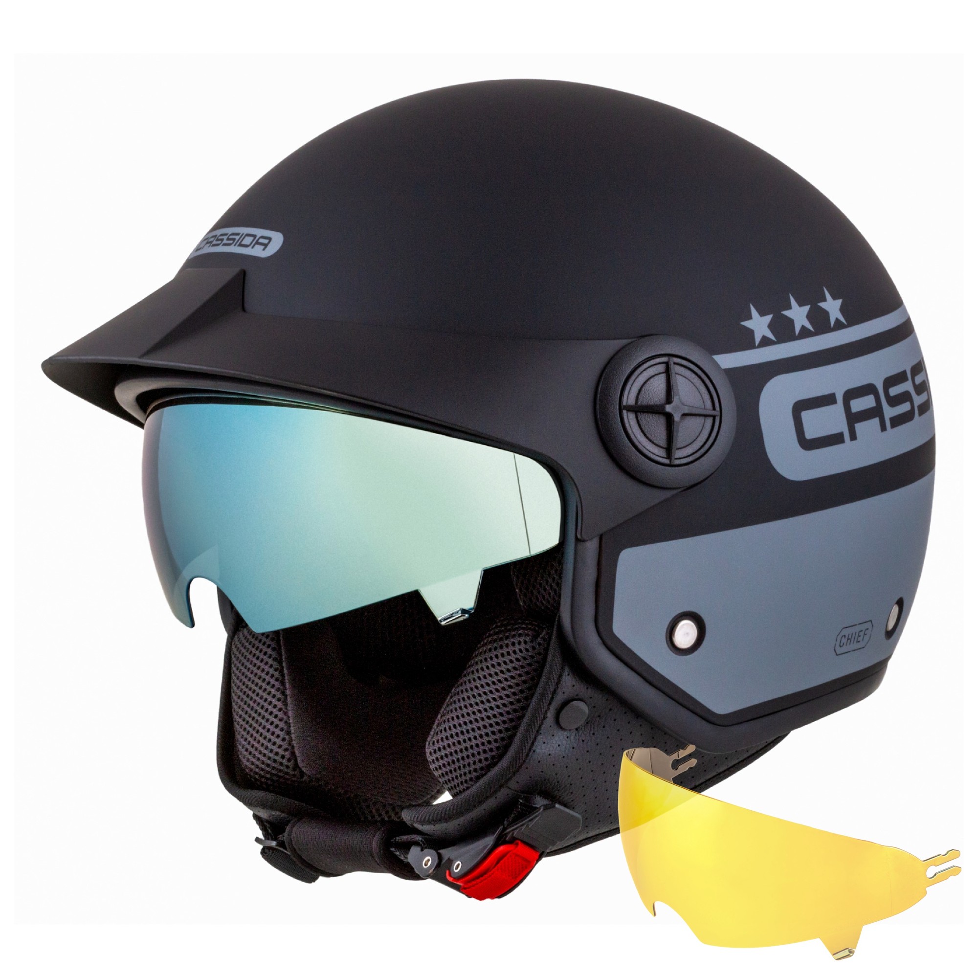 Helmetë moto Cassida Handy Chief, demi jet, gold visor