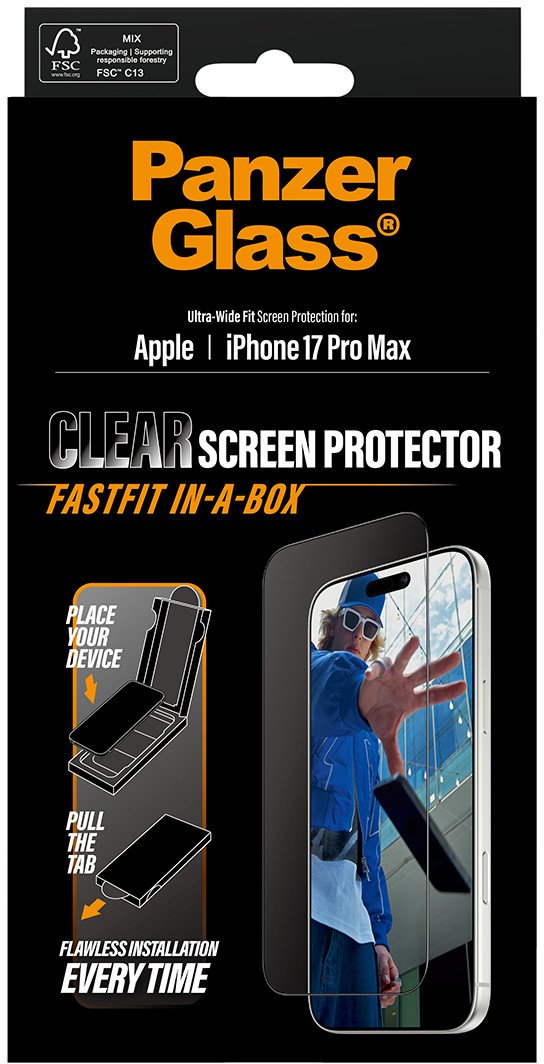 Mbrojtës ekrani PanzerGlass për iPhone 17 Pro Max, Ultra Wide Fit, me FASTFIT in a Box, transparent