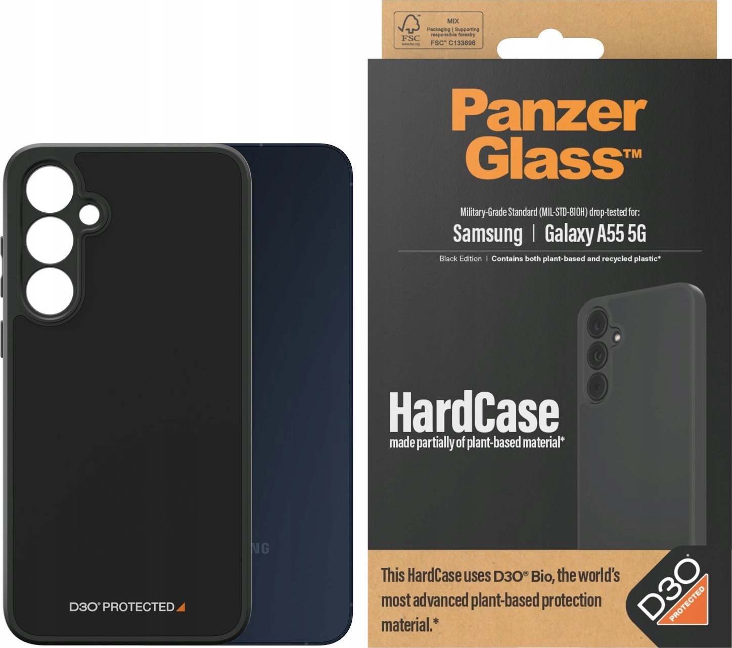 Kuti mbrojtëse PanzerGlass HardCase D3O për Samsung Galaxy A55 5G, plastike e ricikluar, e zezë