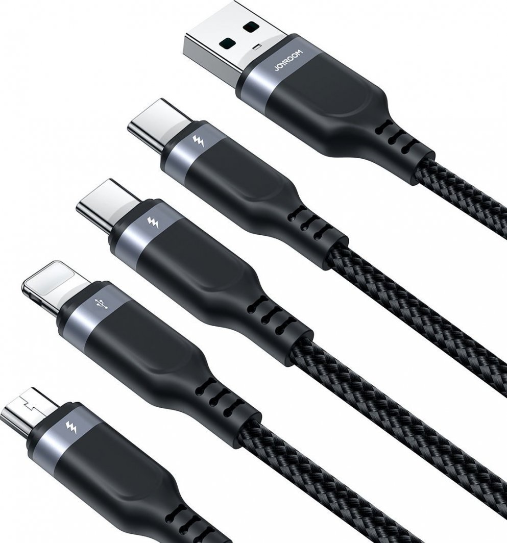 Kabllo USB Joyroom 4in1 JR FC1A1, 1.2m, USB A në Lightning 2x USB C Micro USB, gri