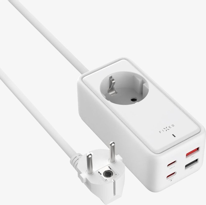 Zgjatës me karikues FIXED Charging Strip S, 65W GaN III PD, 2x USB C 2x USB, 1.5m, i bardhë