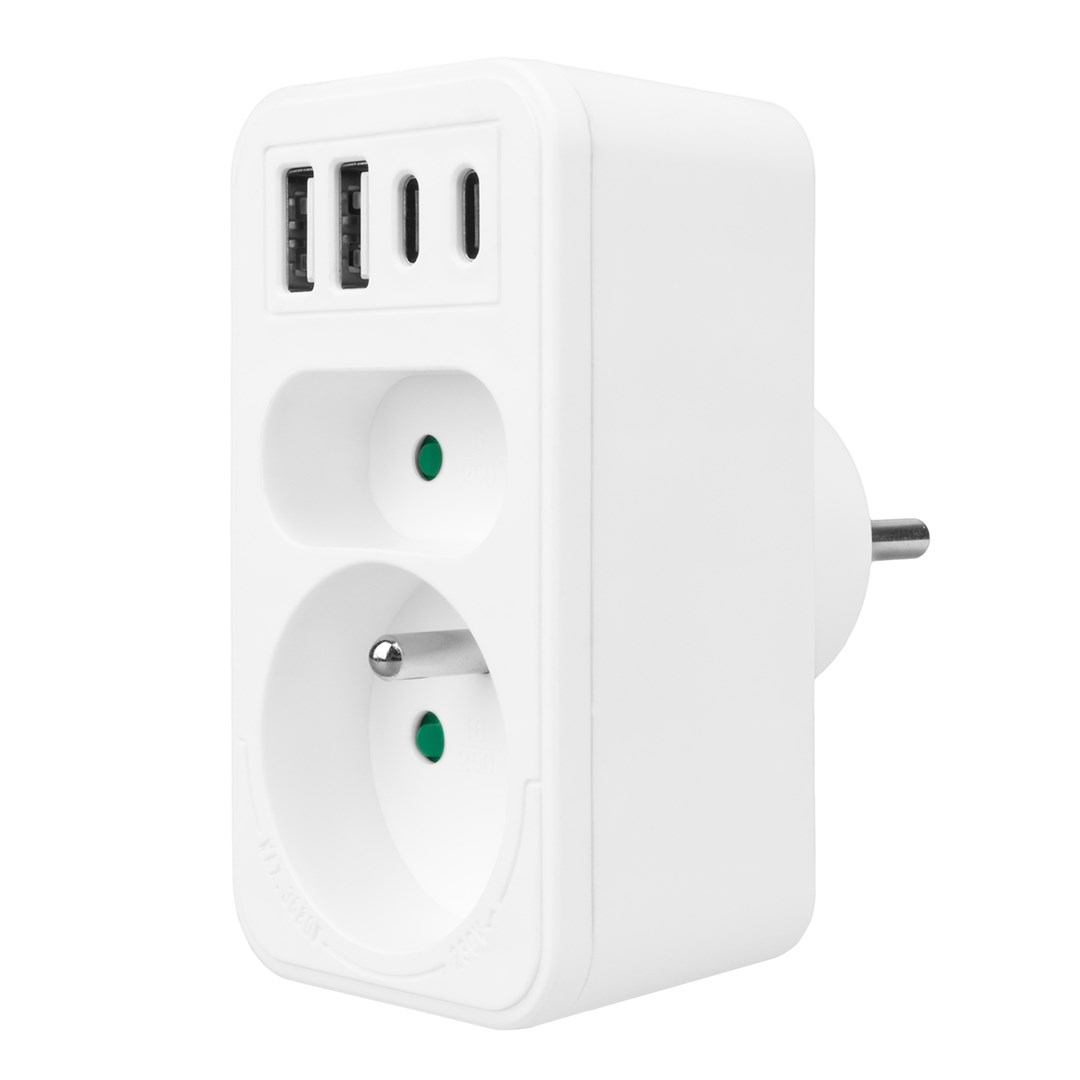 Prizë shumëfishe Maclean MCE249 F/W, 2x220V, 2xUSB A 2xUSB C PD 20W, e bardhë