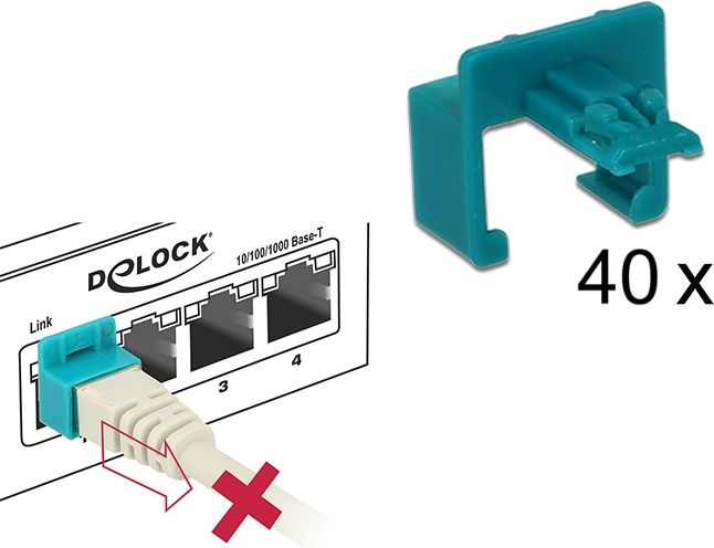 Set klipsash sigurie Delock Secure Clip RJ45, 40 copë, me mjet çaktivizimi, shumëngjyrësh