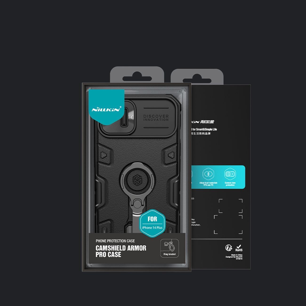Kllapë telefoni Nillkin CamShield Armor Pro për iPhone 14 Plus, me kapak kamere dhe këmbë mbajtëse, blu