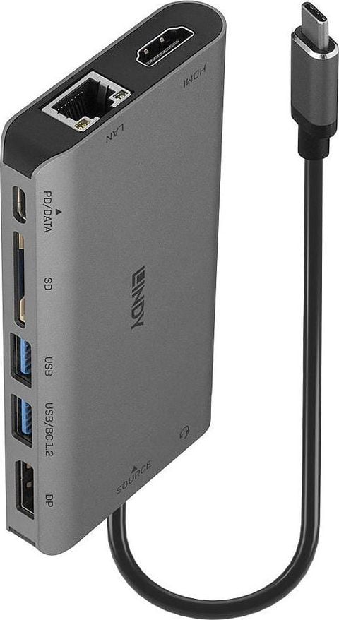Docking Station USB C Lindy 43323, 4K HDMI DP, Power Delivery 100W, gri